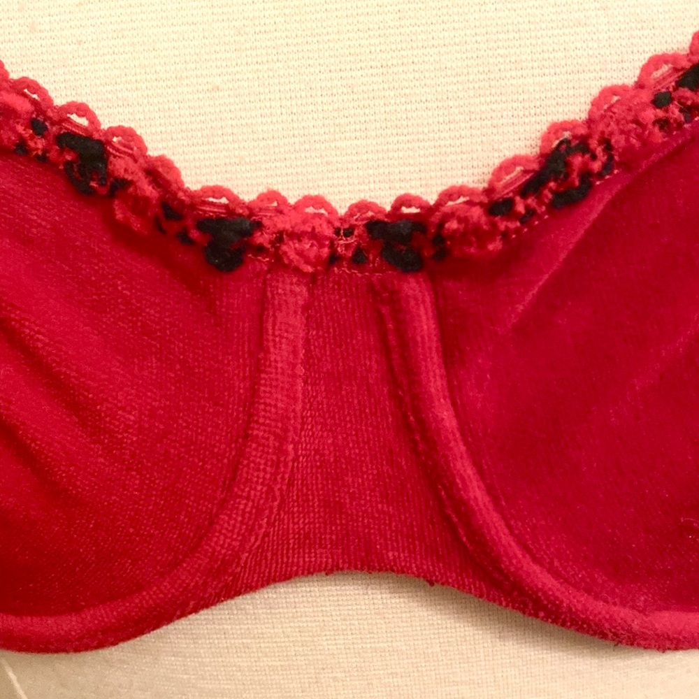 Victoria’s Secret Country Vintage 1990s Red Black Rose Trim Velour Bra Size 34C - Picture 4 of 12